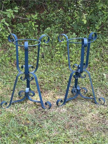 Pair (2) 22” Painted Blue Metal Scrollwork Plant Stands