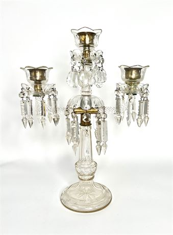Antique 3 Arm Crystal Candleabra with Crystal Prisms