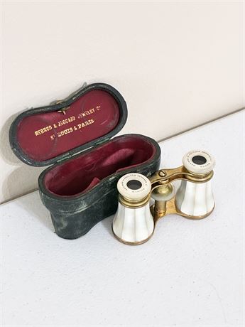 MERMOD & JACCARD JEWELRY CO ~ Vtg Brass & Mother of Pearl French Opera Glasses