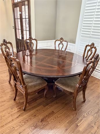 LACQUER CRAFT ~ Solid Wood Inlaid 58” Round Table With (6) Tuscan Style Chairs