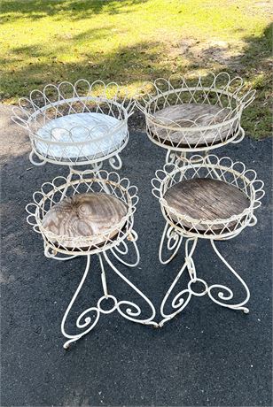 Set of 4 Wrought Iron White Plant Stands with Patina