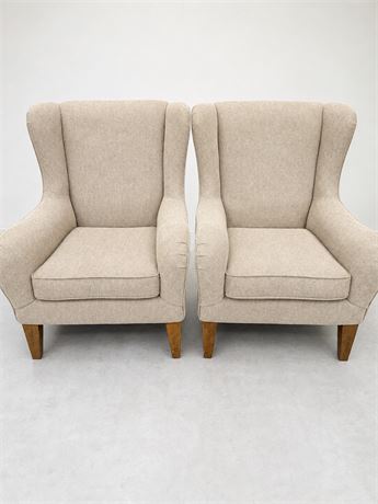 Classic Beige Upholstered Wingback Armchairs ~ Set of 2