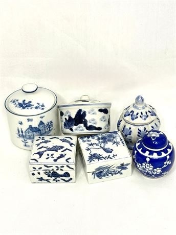 Lot of 6 Blue and White Ceramic Jars and Trinket Boxes