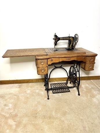 Antique Damascus Wood Sewing Table with Sewing Notions