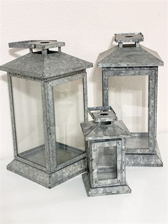 Set of 3 Galvanized Metal & Glass Lanterns