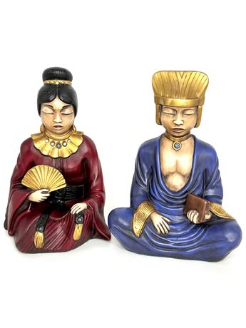 Arnel’s Ceramic Meditating Asian Man and Woman Sitting Statues
