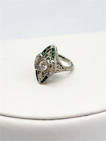 18K WHITE GOLD ~ Estate Ring With Diamonds & Emeralds ~ Size 3