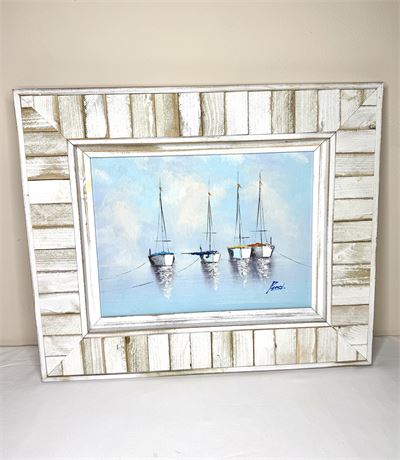 Original Hand Painted Oil on Canvas Sailboat Painting in Attractive Wood Frame