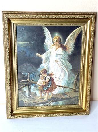 Vintage Guardian Angel Print in Ornate Gilded Frame