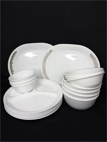 Set of White Corelle Dishes Including Divided Plates and 2 Platters