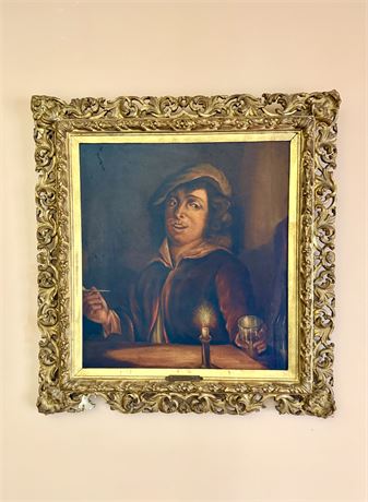 Vintage “Dutch Toper” Framed Canvas Artwork in Ornate Gilt Gesso Rococo Fr
