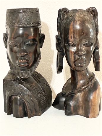 Hand-Carved African Wooden Bust Sculptures