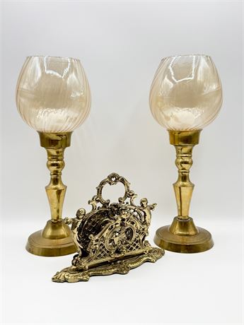 Solid Brass Candlesticks & Brass Letter Holder