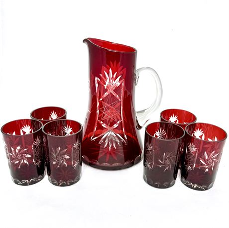 Vintage Czech Bohemian Ruby Red Cut to Clear Pitcher and 6 Glasses