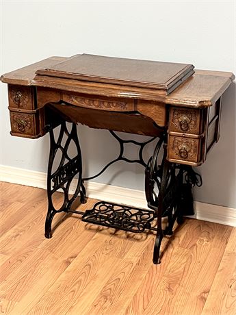 DOMESTIC ~ Iron & Oak Sewing Machine Stand & Cabinet