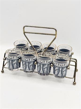 JEANNETTE GLASS ~ Corinthian Blue ~ Whiskey Glasses With Metal Stand