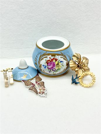 FASHION ~ Lot of 7 Assorted Pins + Hand-Painted COULEUVRE Porcelain Sugar Bowl