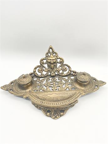 Vtg. Brass Ornate Double Inkwell