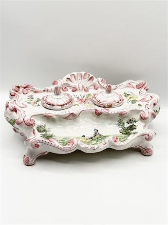 Vtg. Ceramic Inkwell With Hand Painted Floral Design
