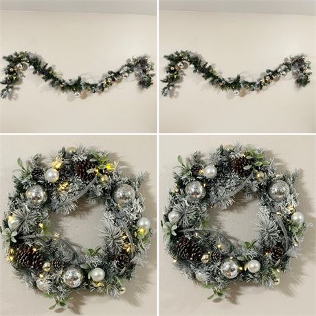 9’ Prelit Snowy Garland & Wreath Sets
