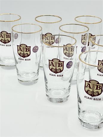 ASAHI BEER ~ Vtg. Gold Rim Glasses ~ Set Of 8