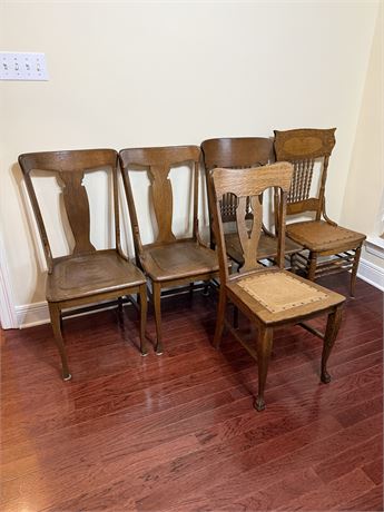 Lot Of 5 Misc Wood Chairs With Leather Seats