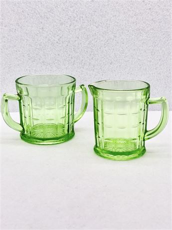 HAZEL-ATLAS ~ Colonial Block Green ~ Creamer & Sugar ~ Uranium