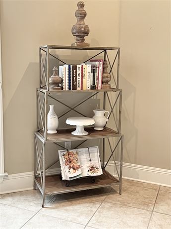 Distressed X Metal Bakers Rack With Wood Shelves