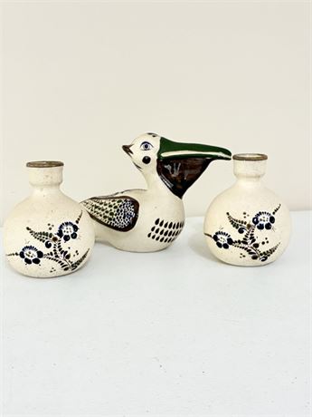 TONALÁ POTTERY ~ Hand-Painted Sandstone Pelican Figurine & 2 Vases