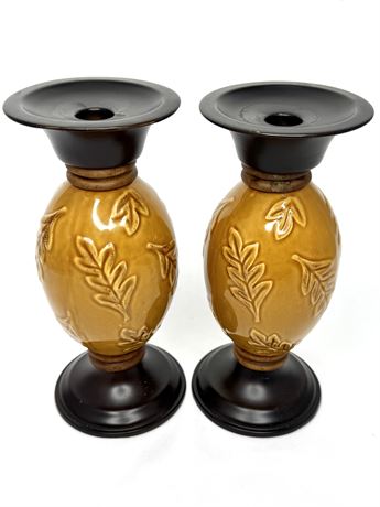 Set of 2 Southern Living Autumn Harvest Brown Ceramic Candlestick Holders
