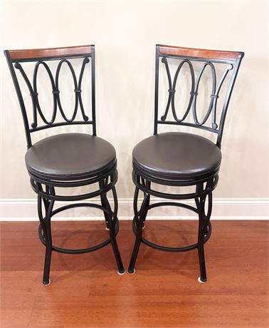 CHEYENNE INDUSTRIES ~ Pair (2) Dark Bronze Metal and Wood Swivel Counter Stools
