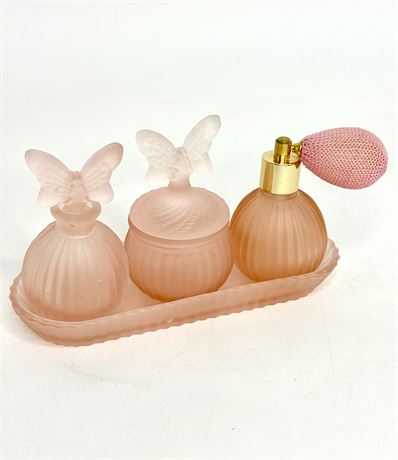 Vintage Pink Frosted Glass Perfume Bottle and Atomizer Set With Tray