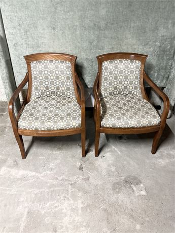 Traditional Wooden Arm Chairs ~ Green/Tan Geometric Upholstery Pattern