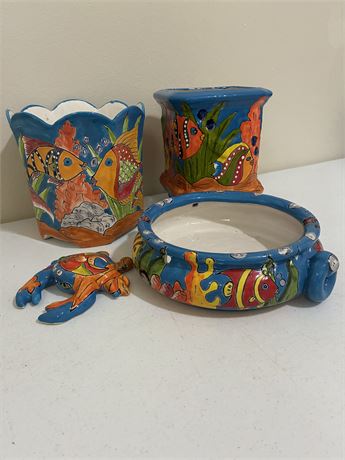 Set of 3 Hand-Painted Talavera Style Planters & Accent PIece