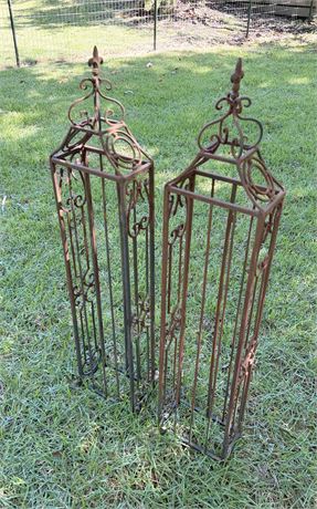 Pair of Ornate Iron Garden Obelisk Trellises with Fleur-de-Lis Finials in