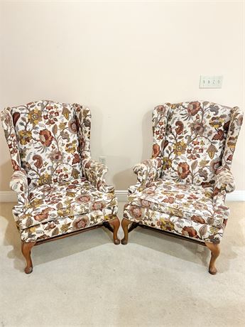 Pair (2) Queen Anne Style Upholstered Wingback Accent Chairs