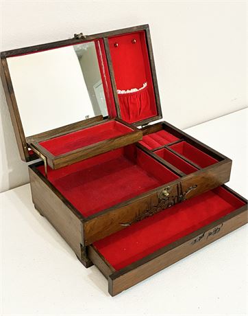 Vtg Carved Wooden Chinese Jewelry Box