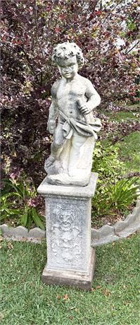 Tall Cement Neoclassical Cherub Statue on Pillar