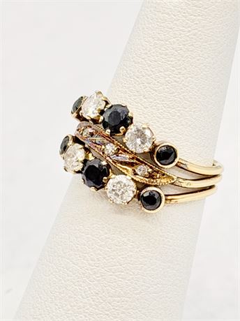 14K Gold ~ 3-in-1 Ring W/ Diamonds & Dark Blue Sapphires ~ Size 5.5