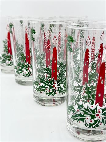 Vtg. Christmas Candle & Holly Glasses ~ Set Of (8)