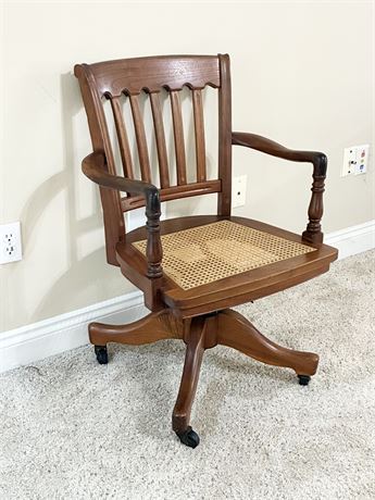 Solid Oak Swivel Desk Chair W/ Woven Cane Seat