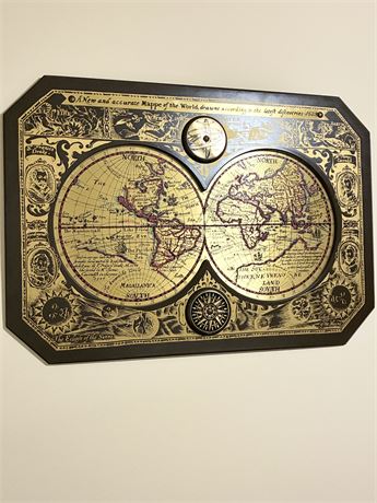 MASKETEERS, INC ~ Vintage 1964 Wood & Brass Replica 1628 World Map Wall Hanging