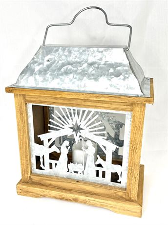 Galvanized Metal and Wood Nativity Scene Christmas Lantern