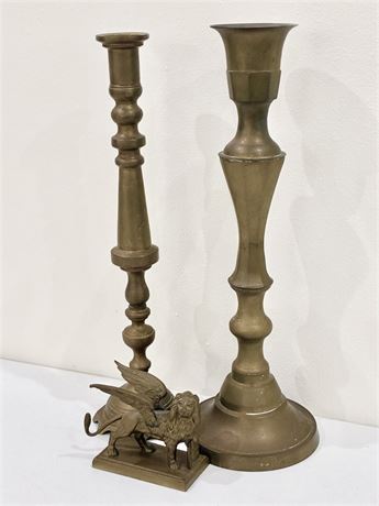 Trio (3) Brass Assortment ~ Lion of St. Mark & (2) Large Brass Candlesticks