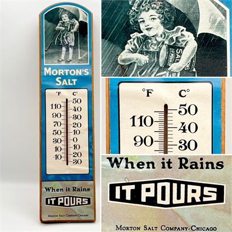MORTON SALT ~ Vtg. Wood Sign Thermometer