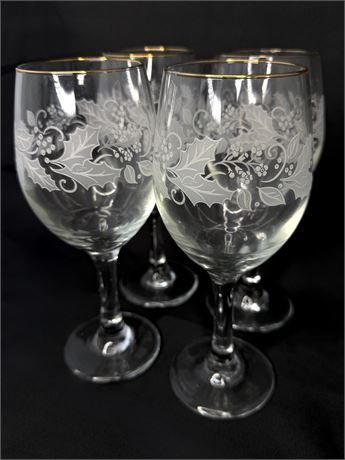 Set of 4 Etched Holly Glasses with Gold Rims