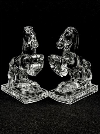 L.E. SMITH ~ Clear Glass Rearing Horse Bookends ~ Set of 2