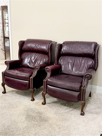 BURRIS ~ Pair (2) Burgundy Leather Recliners W/ Ball & Claw Feet