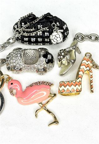 Set of 5 "Bling" and Enamel Keychains - Shoes, Flamingo, Car, and A Purse