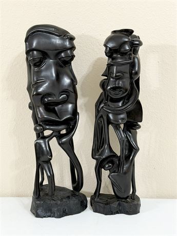 Pair (2) Hand Carved Wood African Art Sculptures